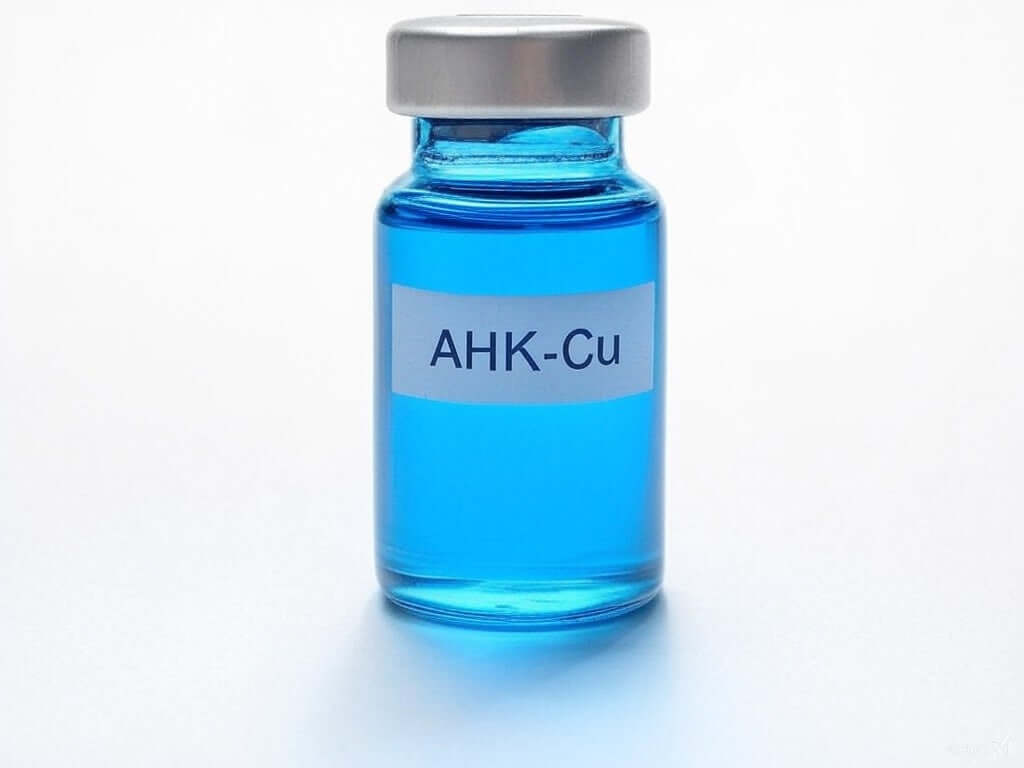 AHK-Cu peptide vial with hair follicles graphic showing its role in promoting hair growth and scalp health through copper binding