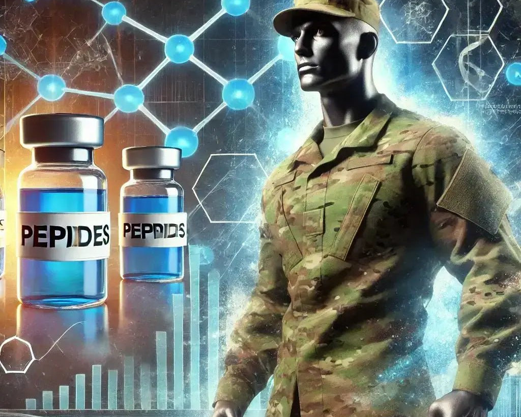 Military figure in uniform with molecular structures and peptide vials in the background, symbolizing enhanced soldier performance.
