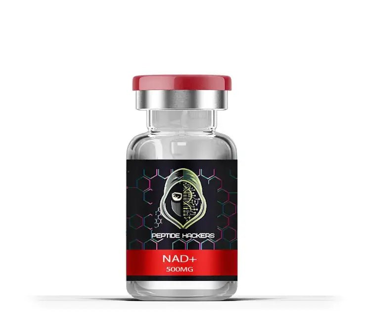 NAD+ Peptide vial with a red lid, promoting cellular energy and anti-aging benefits
