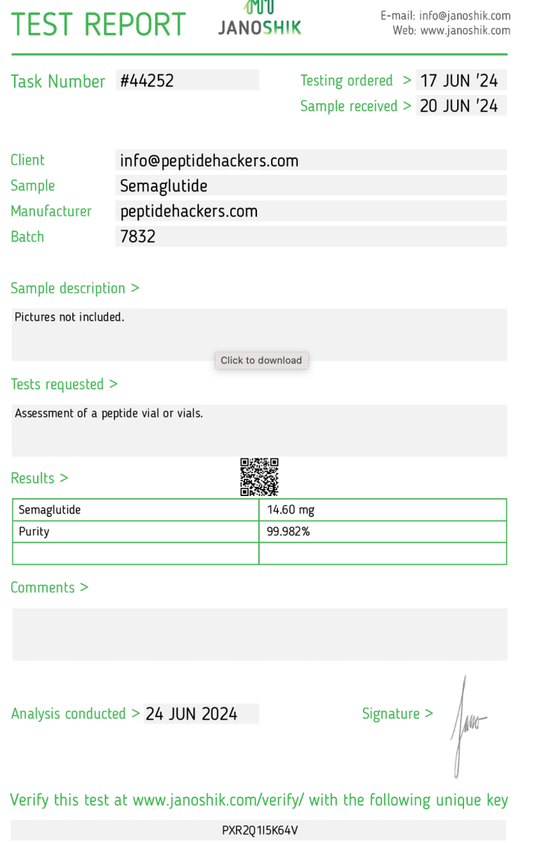 Semaglutide Test Report from Janoshik, Task #44252, June 17, 2024. Purity 99.982%, 14.60 mg, Batch 7832