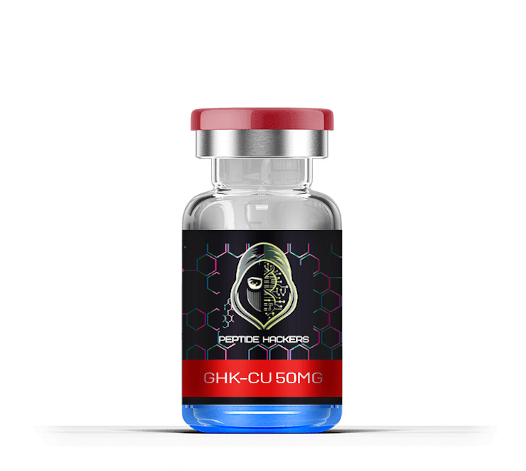GHK-Cu 50mg bottle, for enhancing skin health and reducing wrinkles, available at Peptide Hackers.