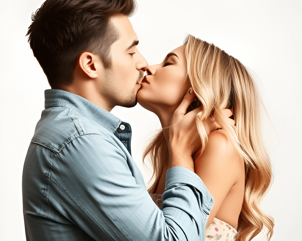 Romantic couple kissing, symbolizing PT-141’s benefits for enhancing libido and improving sexual function.