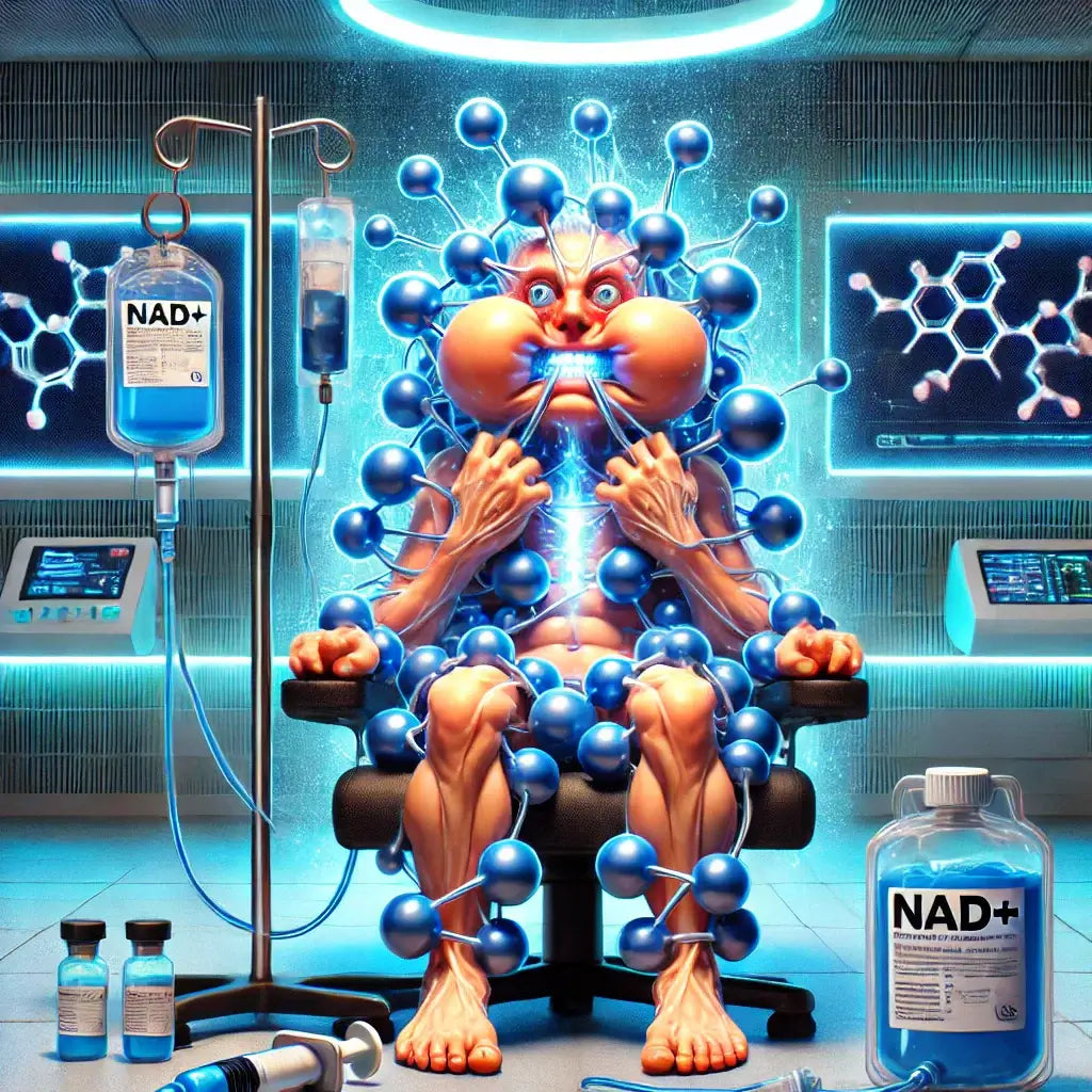 Person glowing with a blue NAD+ aura, veins resembling NAD+ molecules, surrounded by infusion bags in a futuristic clinic, symbolizing NAD+ overload.