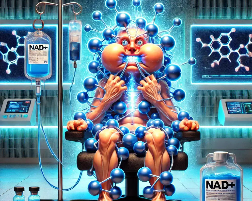 Person glowing with a blue NAD+ aura, veins resembling NAD+ molecules, surrounded by infusion bags in a futuristic clinic, symbolizing NAD+ overload.