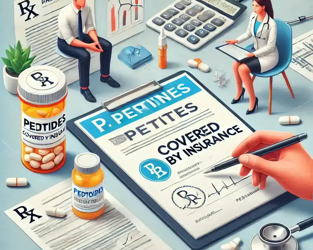 Illustration of an insurance approval stamp, prescription bottle labeled "Peptides," and a healthcare provider discussing peptide coverage with a patient.