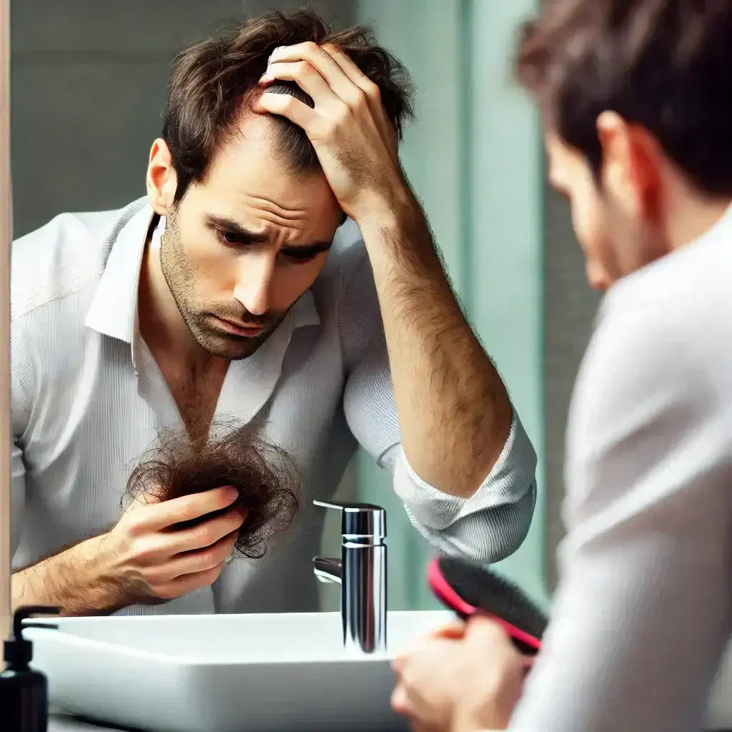 Man looking frustrated while noticing hair loss in the mirror, symbolizing the struggle with thinning hair and the need for peptide solutions.