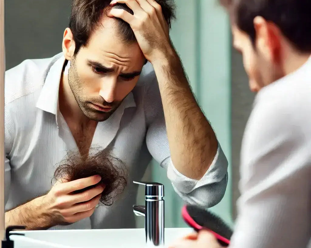 Man looking frustrated while noticing hair loss in the mirror, symbolizing the struggle with thinning hair and the need for peptide solutions.