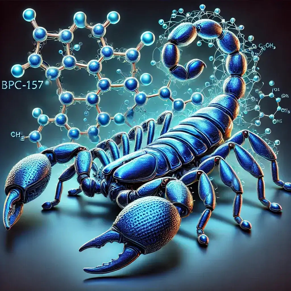 Blue scorpion with glowing effects, symbolizing its venom's potential benefits, risks, and applications in medical research and healing.