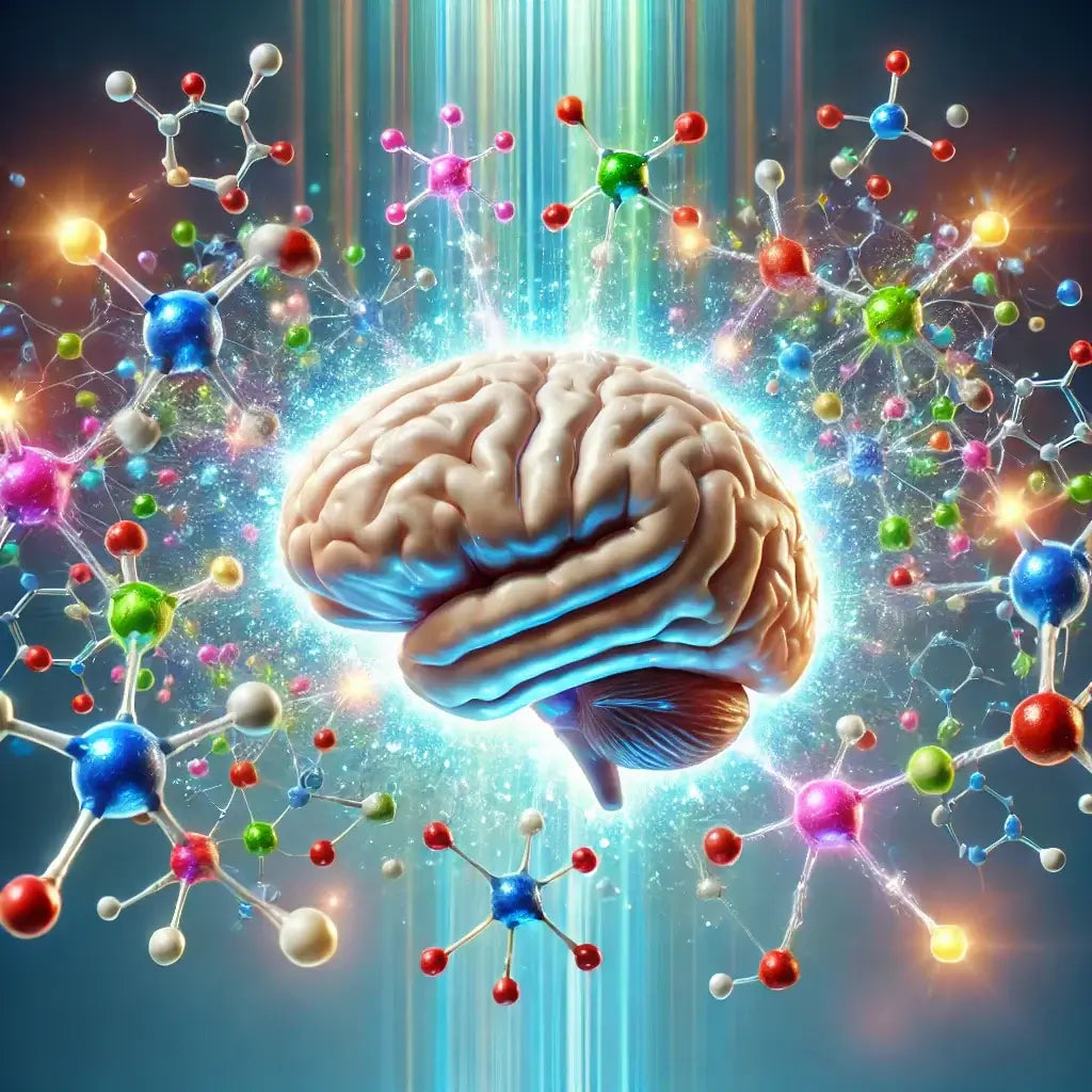 Illustration of a brain with peptides like DSIP, Selank, and Semax floating around, highlighting cognitive enhancement.