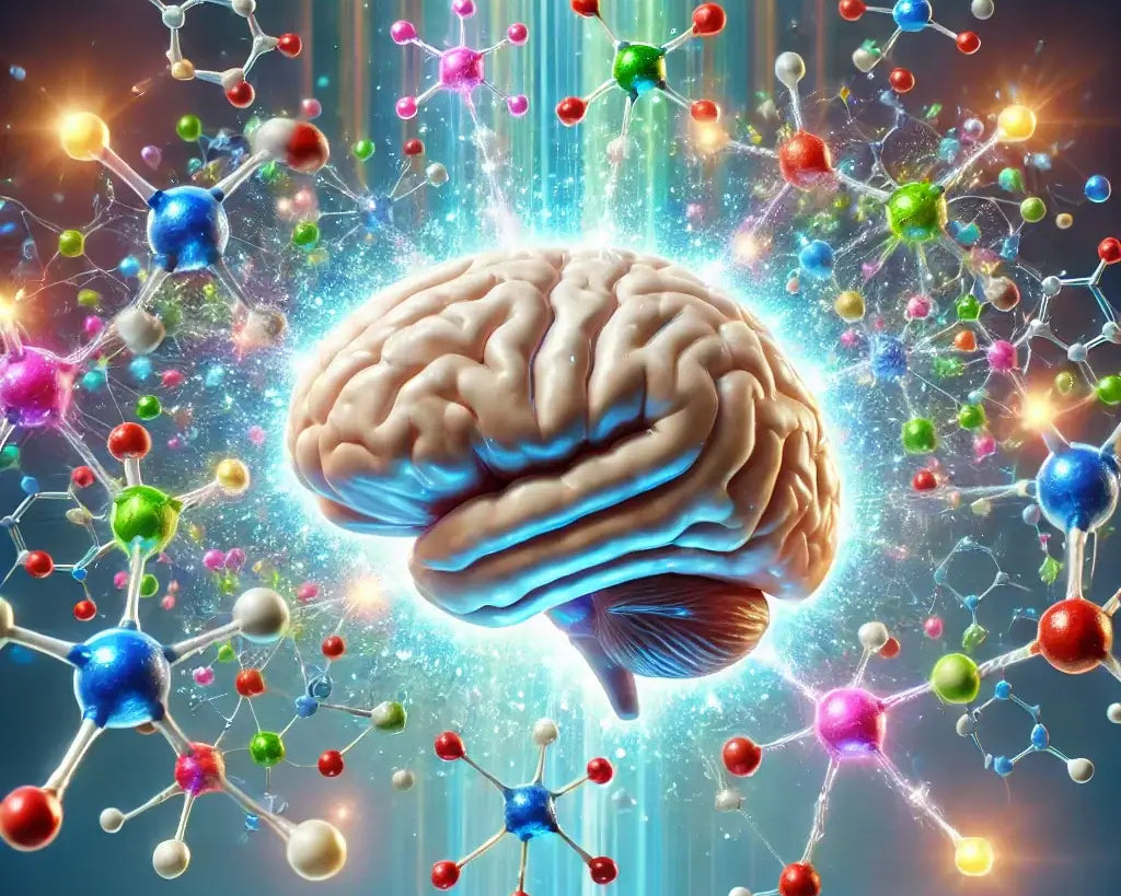 Illustration of a brain with peptides like DSIP, Selank, and Semax floating around, highlighting cognitive enhancement.