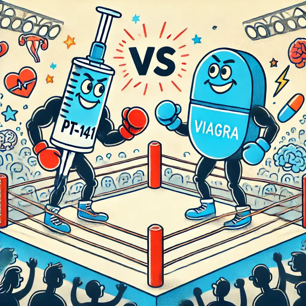 Humorous depiction of PT-141 and Viagra in a tug-of-war, illustrating their unique effects on libido and erectile performance.