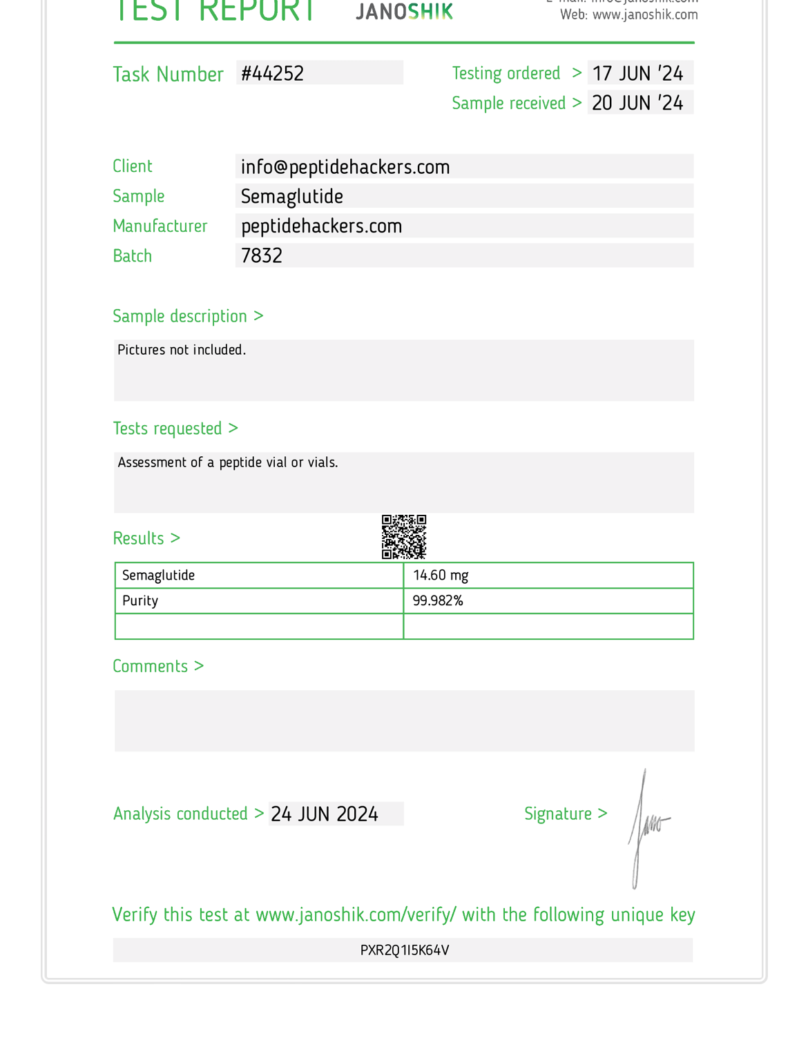 Screenshot of Peptide test results showing 99% pure peptides