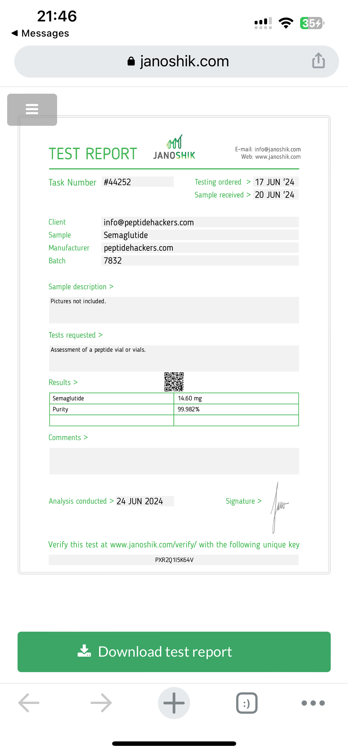 Screenshot of Peptide test results showing 99% pure peptides