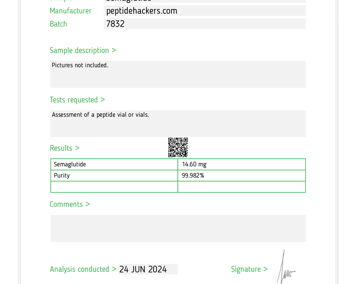 Screenshot of Peptide test results showing 99% pure peptides