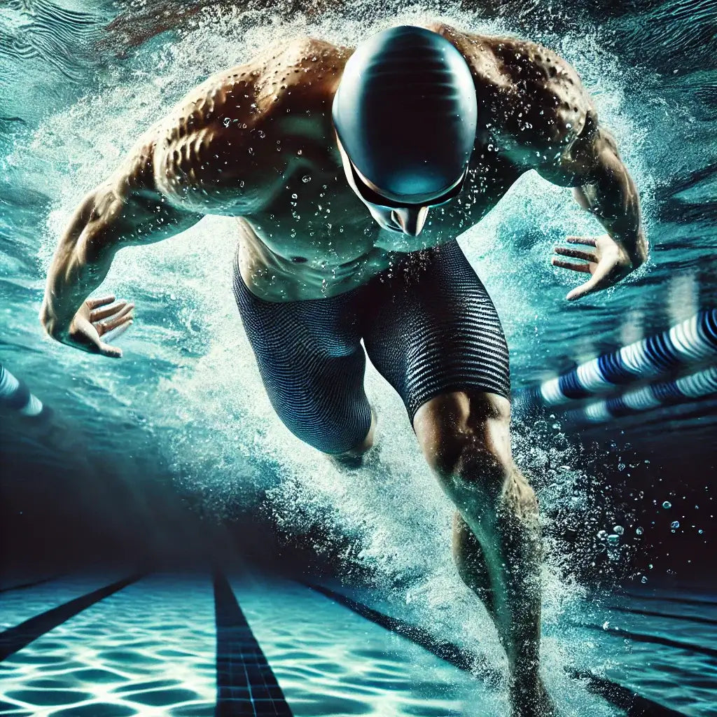 A swimmer in action, cutting through water, representing peptides' benefits for speed, endurance, and muscle recovery.