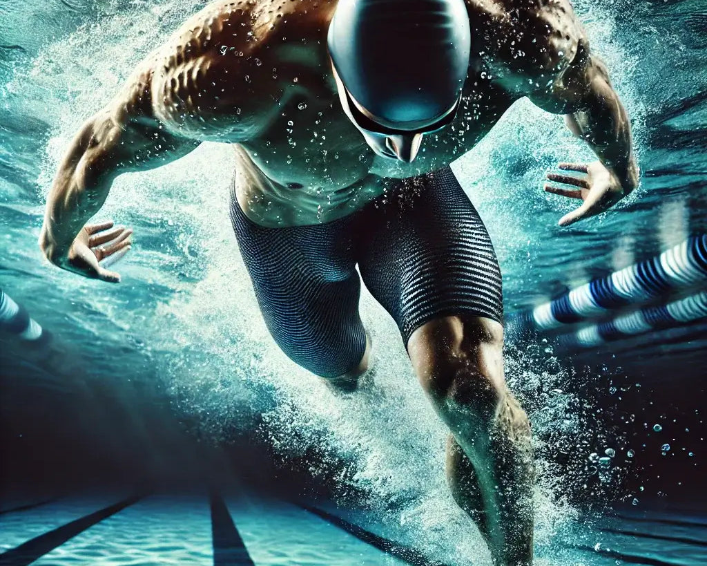 A swimmer in action, cutting through water, representing peptides' benefits for speed, endurance, and muscle recovery.