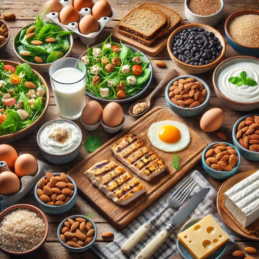 A variety of healthy foods on a table, illustrating the natural sources that enhance peptide production for skin and muscle health.