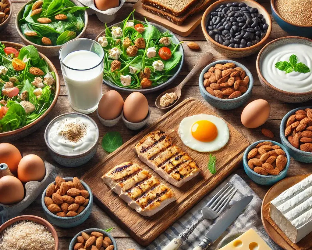 A variety of healthy foods on a table, illustrating the natural sources that enhance peptide production for skin and muscle health.