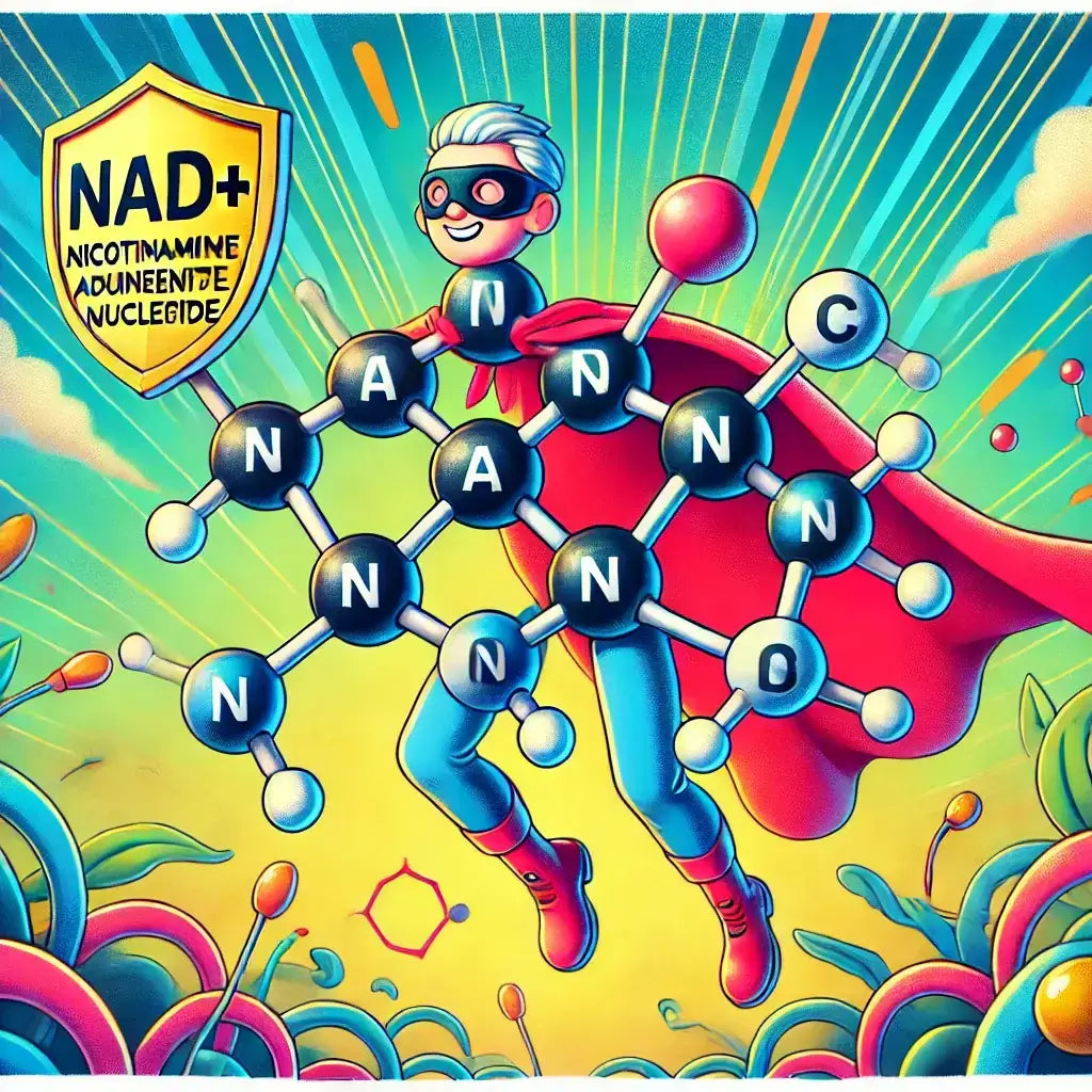 3D illustration of the NAD molecule with glowing energy waves, symbolizing its role in health, aging, and cellular function.