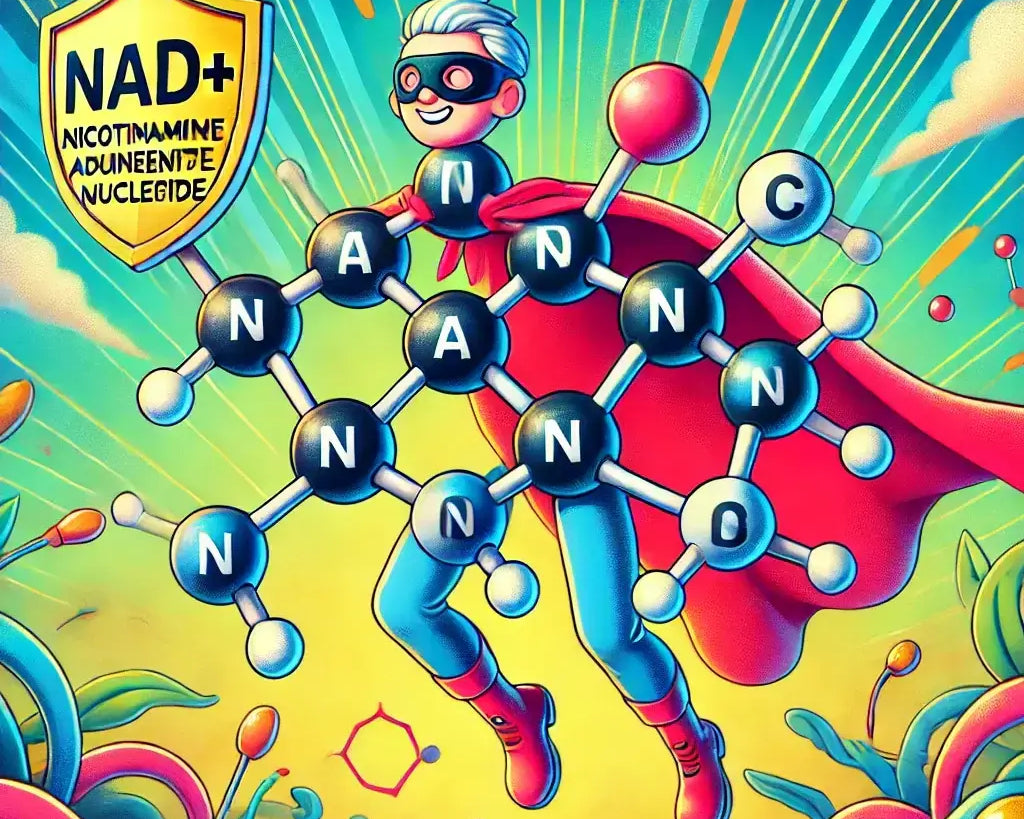 3D illustration of the NAD molecule with glowing energy waves, symbolizing its role in health, aging, and cellular function.