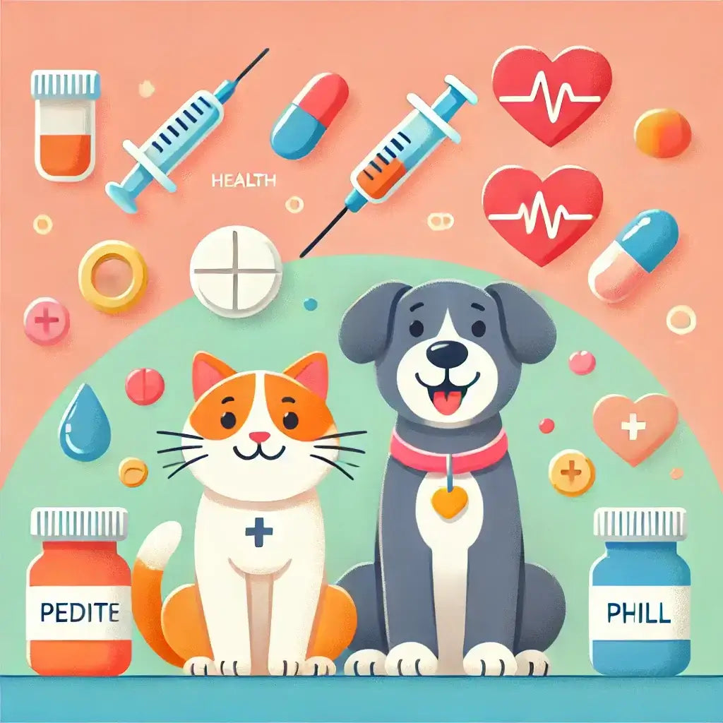 Peptides for pets with a happy dog and cat surrounded by health icons like a syringe and heart symbol.