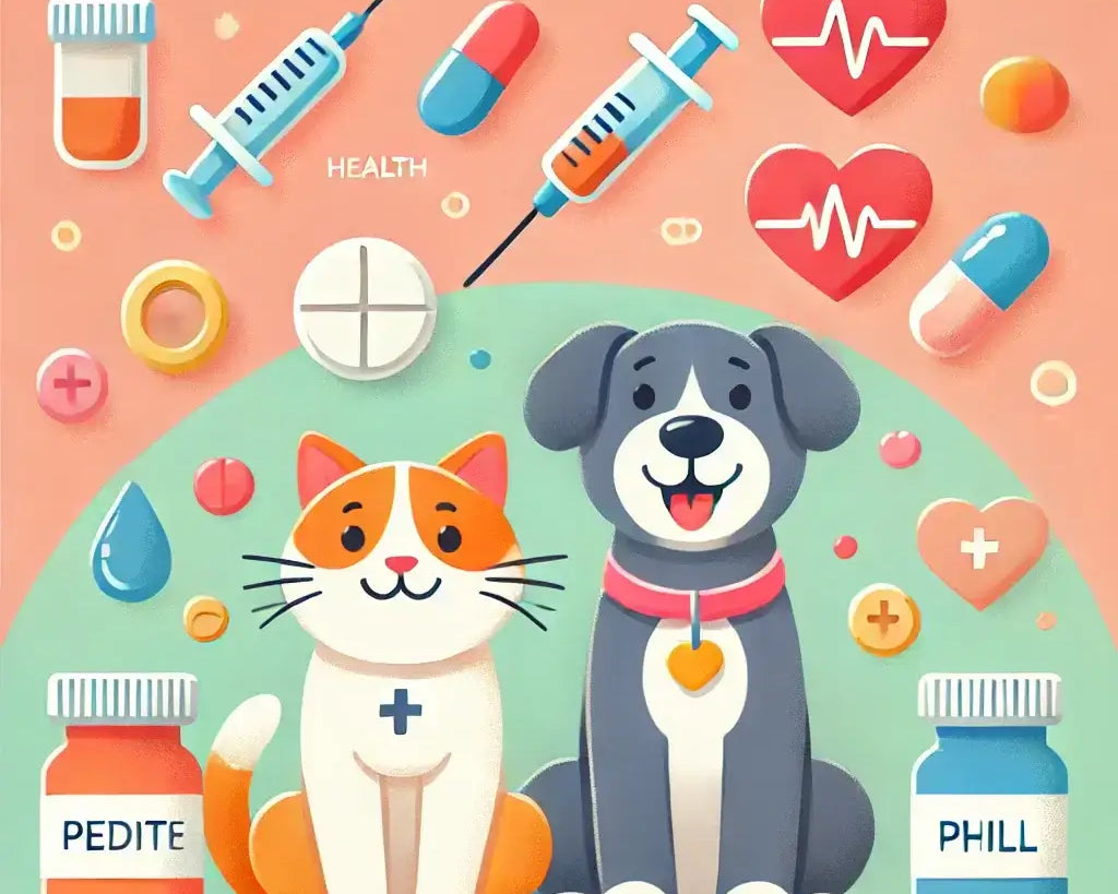 Peptides for pets with a happy dog and cat surrounded by health icons like a syringe and heart symbol.