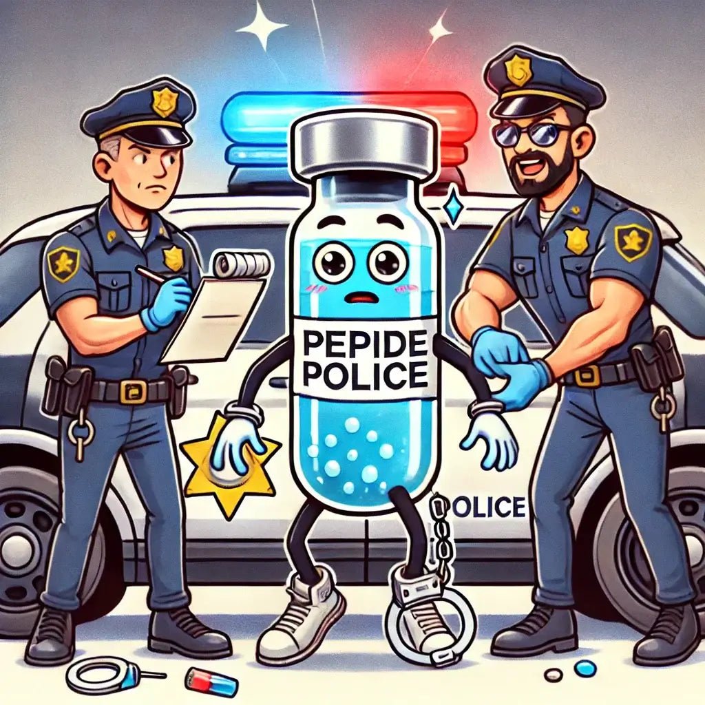 Funny cartoon of a peptide vial being arrested by police officers, highlighting the debate on peptide legality in the USA.