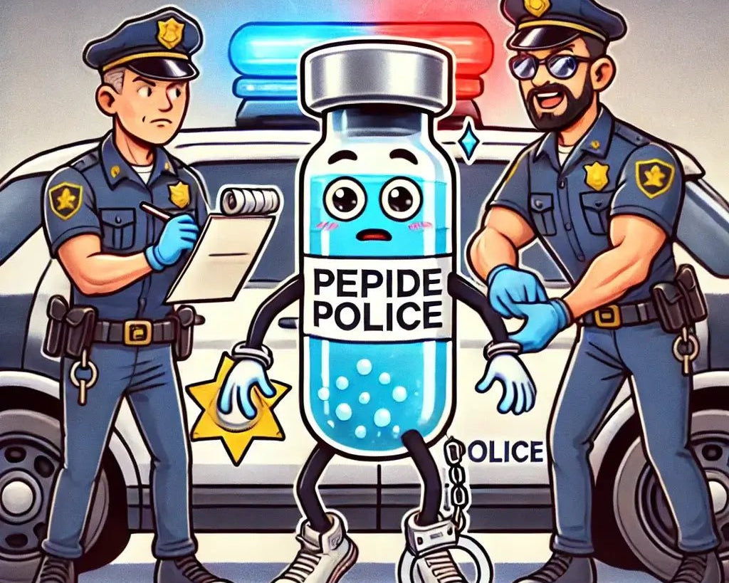 Funny cartoon of a peptide vial being arrested by police officers, highlighting the debate on peptide legality in the USA.