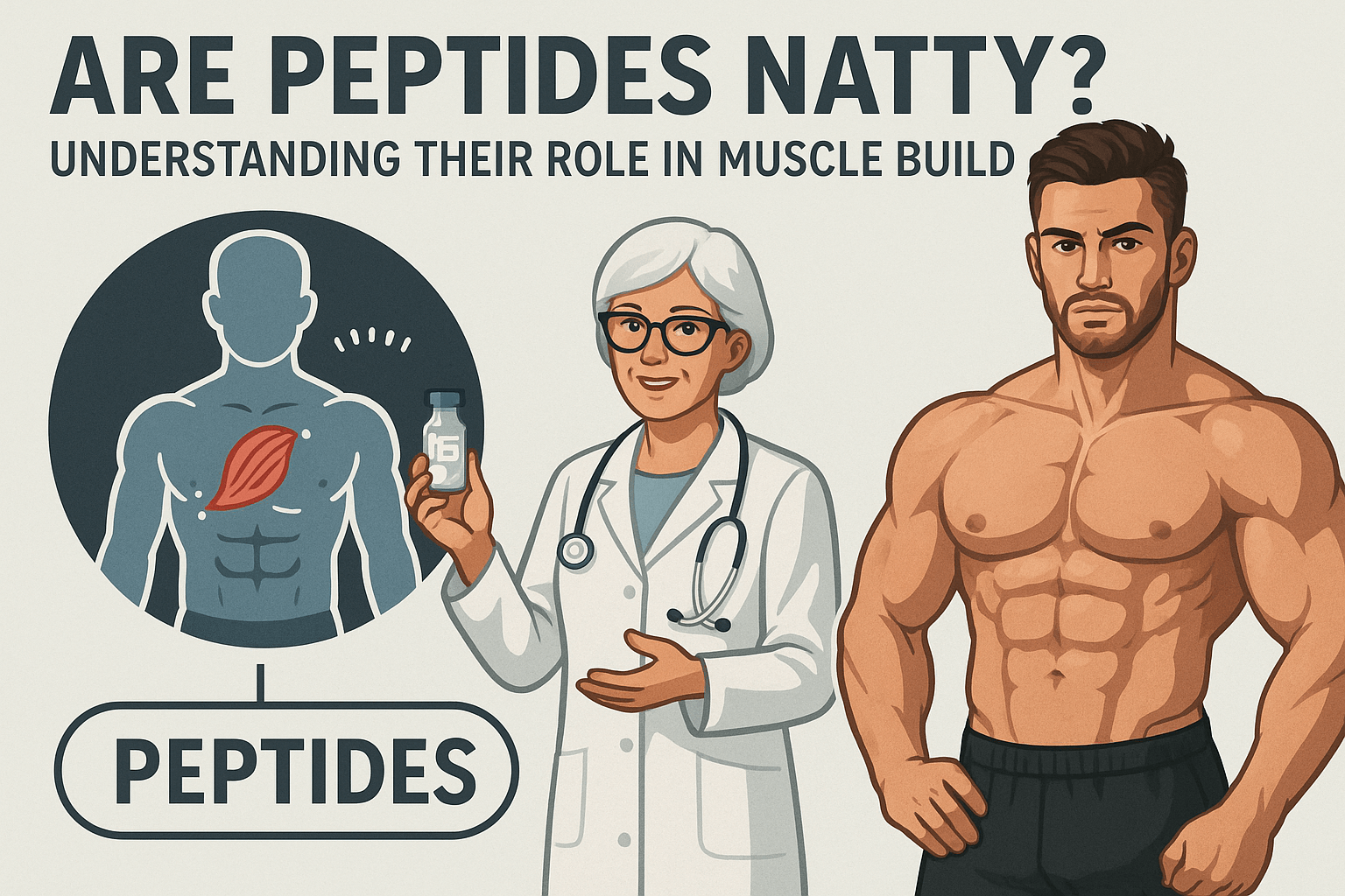 Educational graphic showing a doctor, peptides vial, and muscular man, exploring if peptides are natty for muscle building.