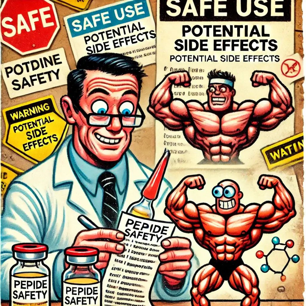 Funny cartoon of a scientist handling a "Peptide Safety" vial, a nervous bodybuilder reading side effects, and a tiny peptide molecule flexing.