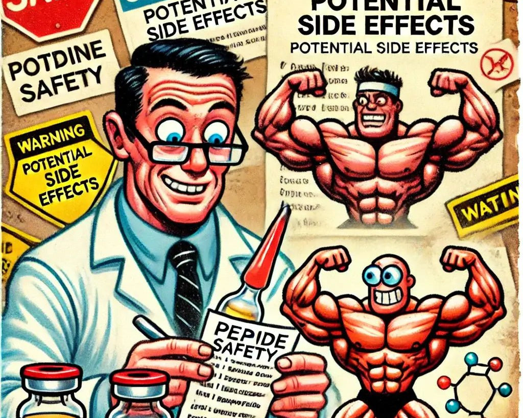 Funny cartoon of a scientist handling a "Peptide Safety" vial, a nervous bodybuilder reading side effects, and a tiny peptide molecule flexing.