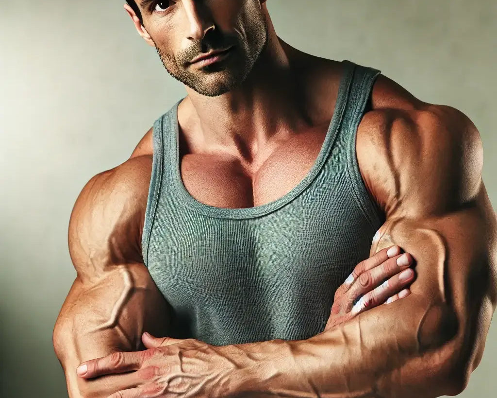 Muscular, rugged man with a strong, masculine physique showcasing the effects of testosterone replacement therapy.