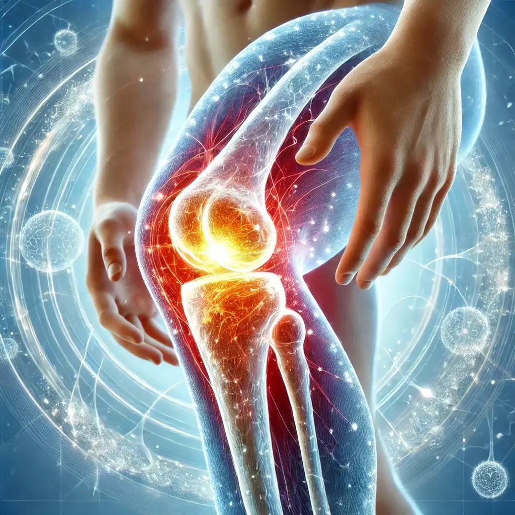 Knee joint healing with peptides, symbolizing arthritis relief and cartilage repair.