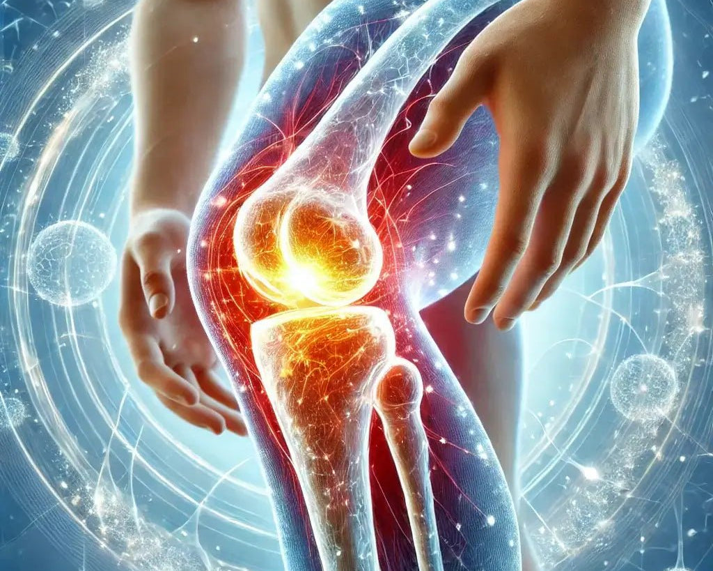Knee joint healing with peptides, symbolizing arthritis relief and cartilage repair.