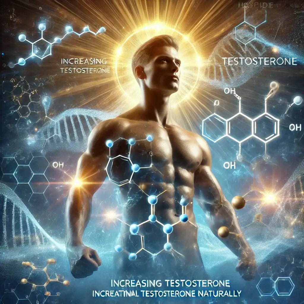 Illustration of peptides boosting testosterone naturally, featuring hormone balance, muscle growth, and molecular peptide structures.