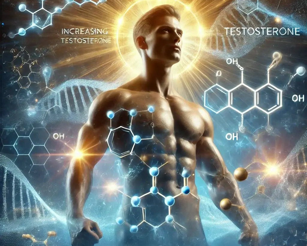 Illustration of peptides boosting testosterone naturally, featuring hormone balance, muscle growth, and molecular peptide structures.