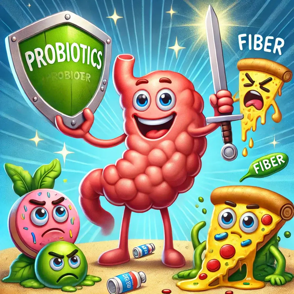 Happy cartoon gut with "Probiotics" shield, "Fiber" sword, and defeated junk food, symbolizing gut health.