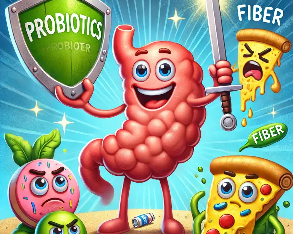 Happy cartoon gut with "Probiotics" shield, "Fiber" sword, and defeated junk food, symbolizing gut health.