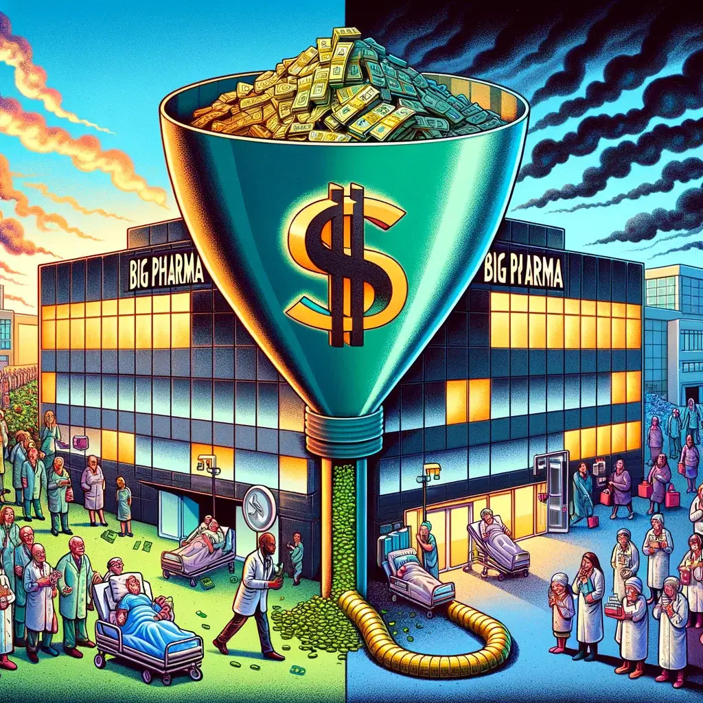 picture of big pharma making money when you are sick. showing they only make money when you are sick not healthy.