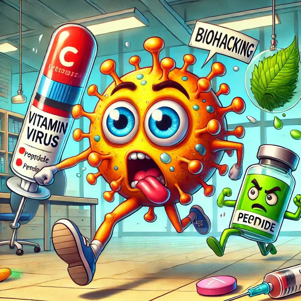 Person looking relieved and confident, with medical symbols for peptides, supplements, and lifestyle changes in the background, illustrating a holistic approach to herpes management.