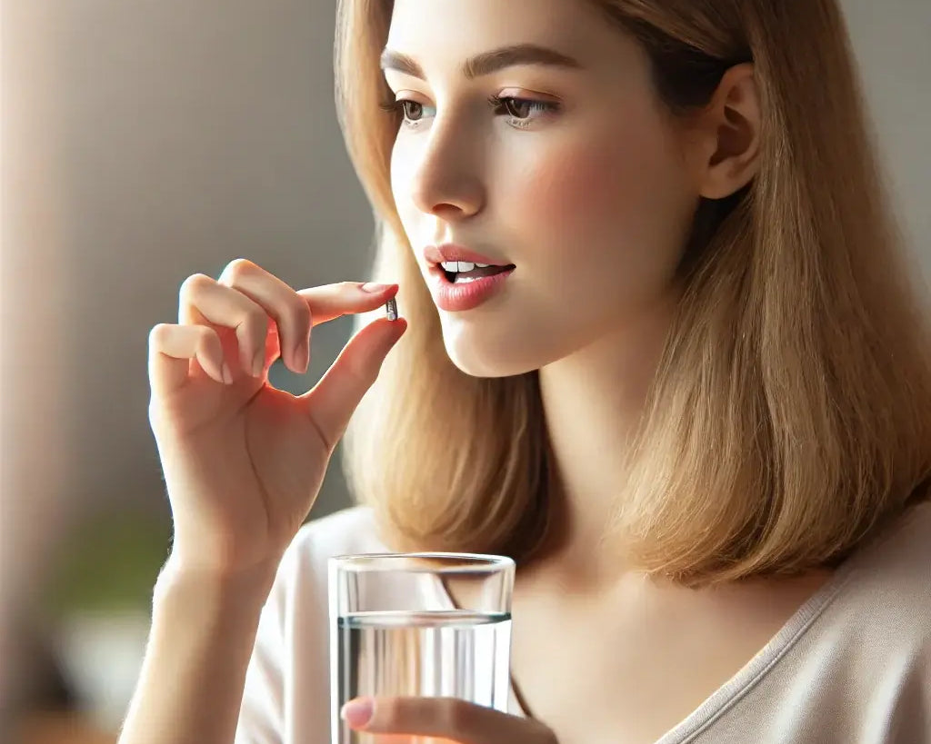 Young woman in her 20s taking a TA-65 pill with a glass of water, promoting cellular health and anti-aging in a natural, wellness-focused setting.