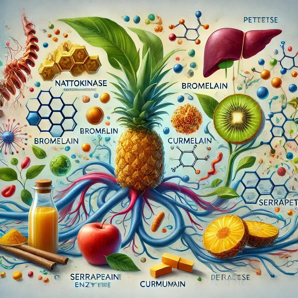 Illustration of spike protein detox with nattokinase, bromelain, curcumin, serrapeptase, peptides, and detox pathways.