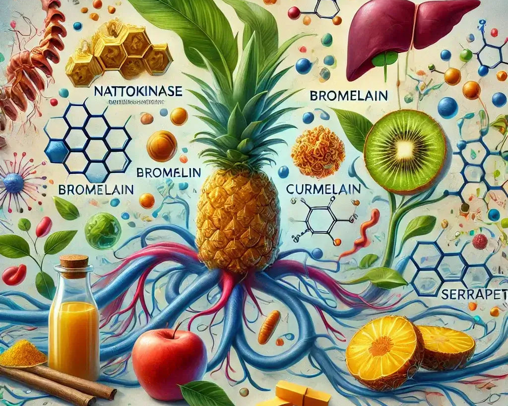 Illustration of spike protein detox with nattokinase, bromelain, curcumin, serrapeptase, peptides, and detox pathways.