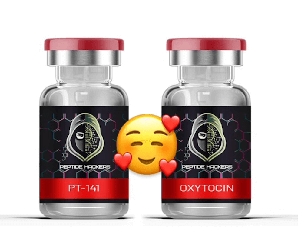 Two peptide bottles labeled PT-141 and Oxytocin for sexual function and bonding, Love emoji