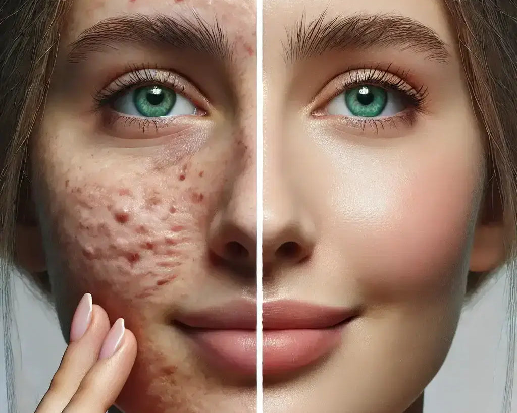 Woman's face with radiant, youthful skin, highlighting the benefits of peptide skincare products for hydration, collagen boost, and anti-aging effects.