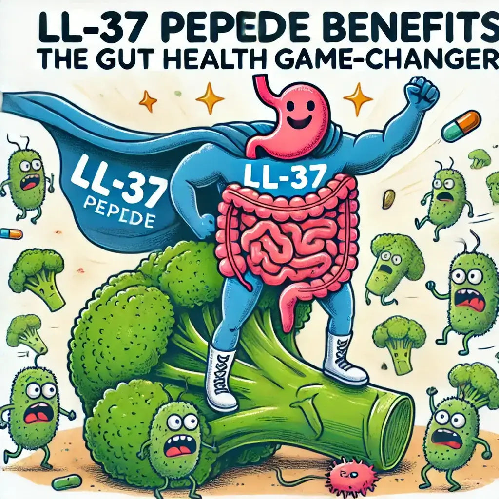 Scientific visualization of the LL-37 peptide structure, emphasizing its impact on gut healing, microbiome balance, and immune regulation.