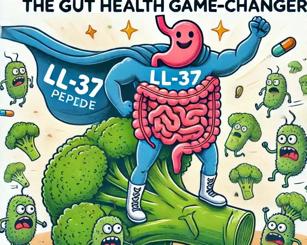 Scientific visualization of the LL-37 peptide structure, emphasizing its impact on gut healing, microbiome balance, and immune regulation.