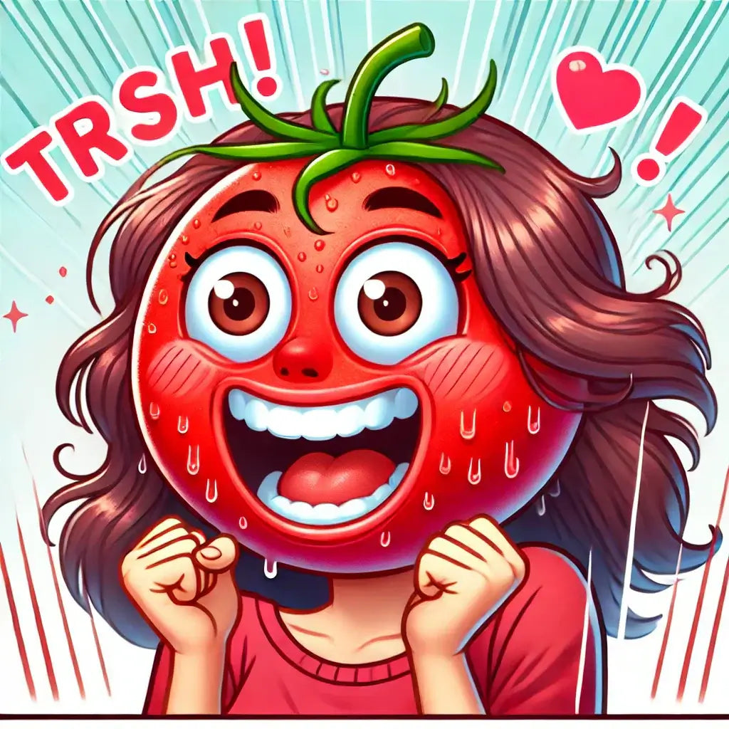 Woman with a flushed, red tomato-like face, looking surprised, representing PT-141’s common side effect of facial flushing.