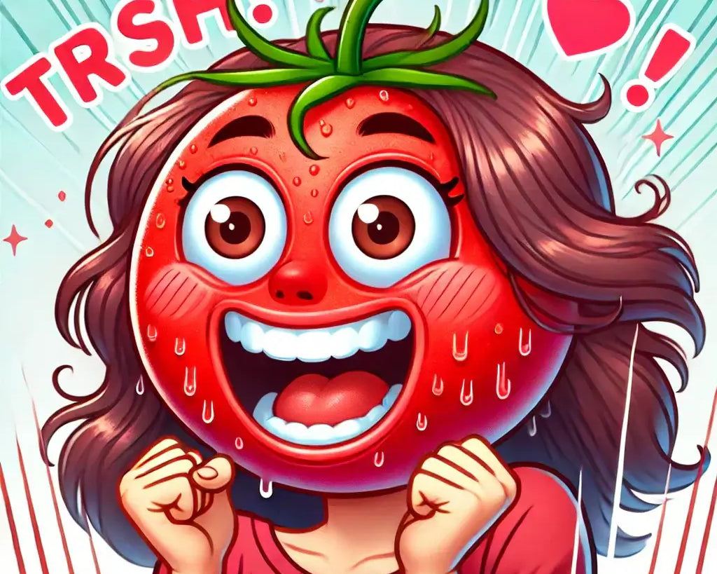 Woman with a flushed, red tomato-like face, looking surprised, representing PT-141’s common side effect of facial flushing.