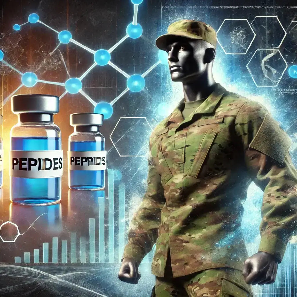  Military figure in uniform with molecular structures and peptide vials in the background, symbolizing enhanced soldier performance.